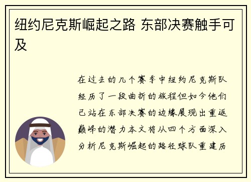 纽约尼克斯崛起之路 东部决赛触手可及